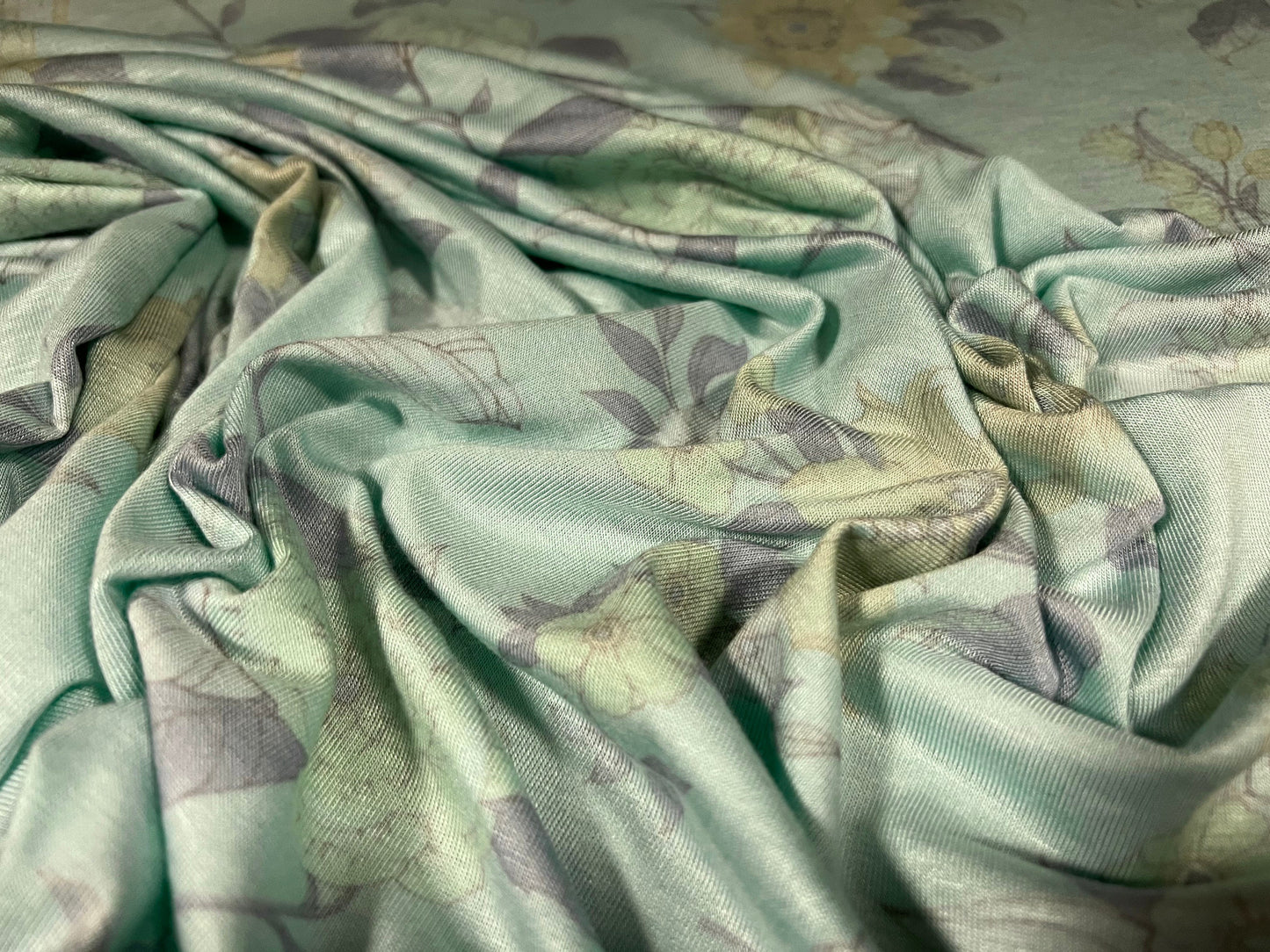 Viscose Spandex stretch single jersey fabric, per metre - flower print - aqua