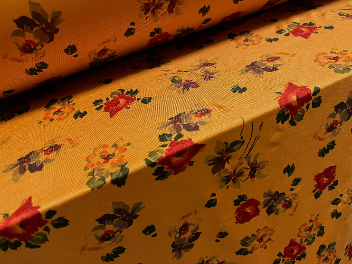 Soft touch stretch spandex jersey fabric, per metre - Floral print - amber