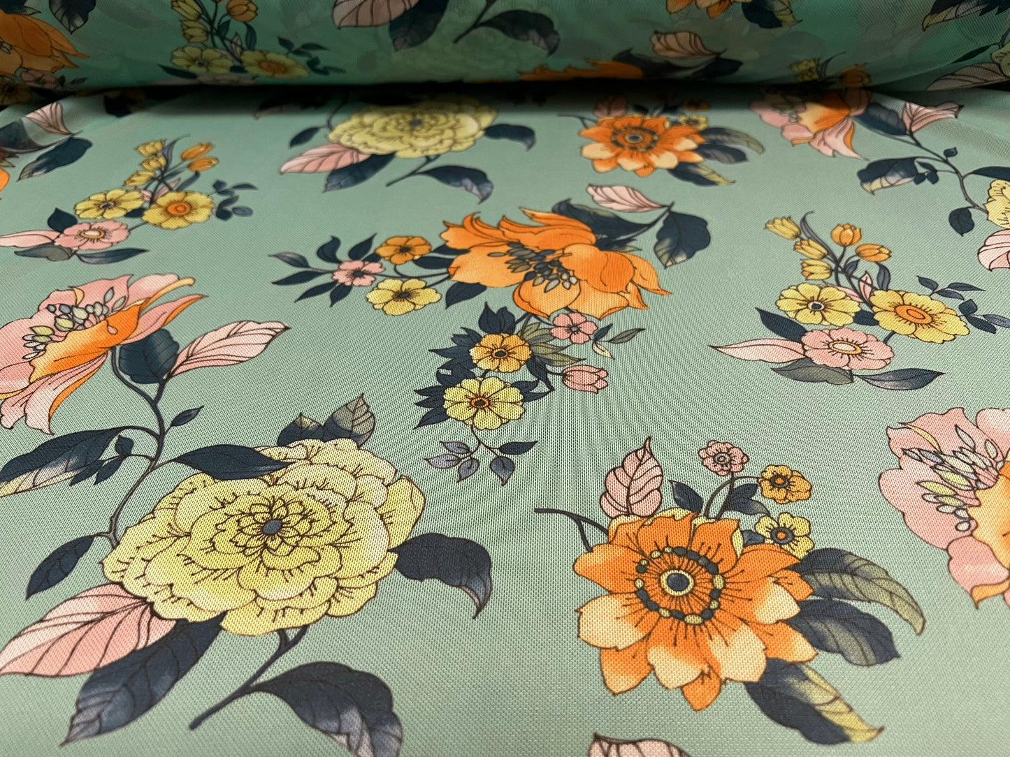 Power mesh net stretch spandex fabric, per metre - flower print - mint green