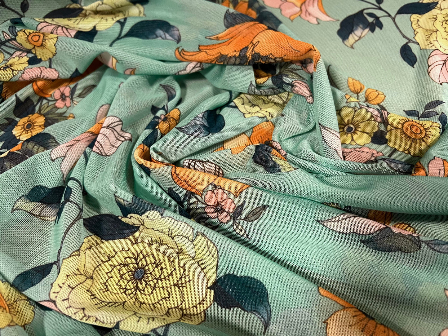 Power mesh net stretch spandex fabric, per metre - flower print - mint green