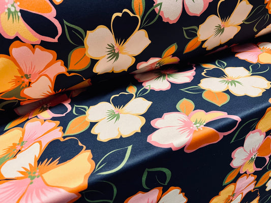 Scuba neoprene style stretch spandex double jersey fabric, per metre - pansy flower print - navy blue