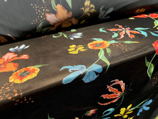 Power mesh net stretch fabric, per metre - tropical jungle flower print - black