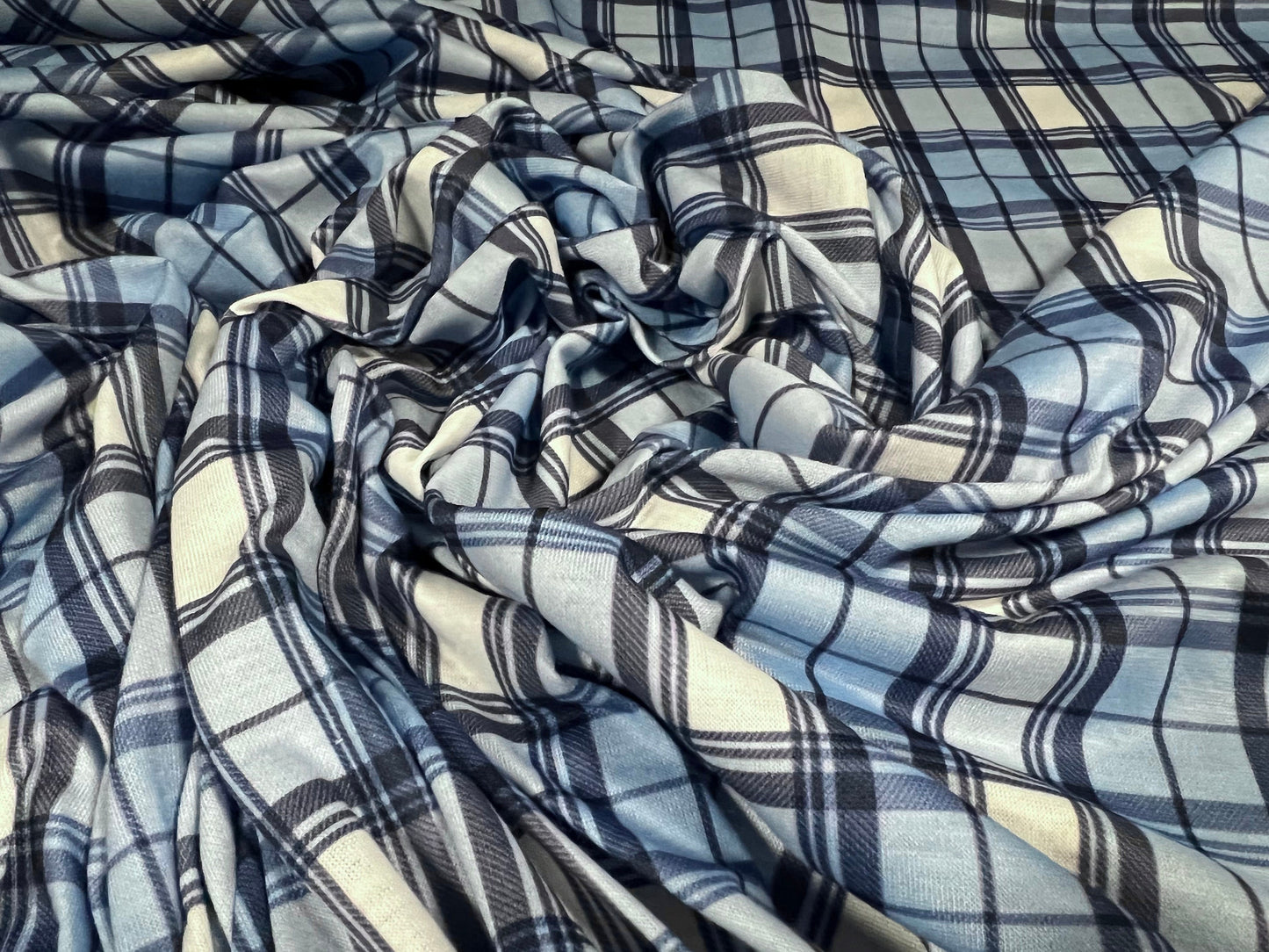 Soft handle single jersey fabric, per metre - tartan check print - blue