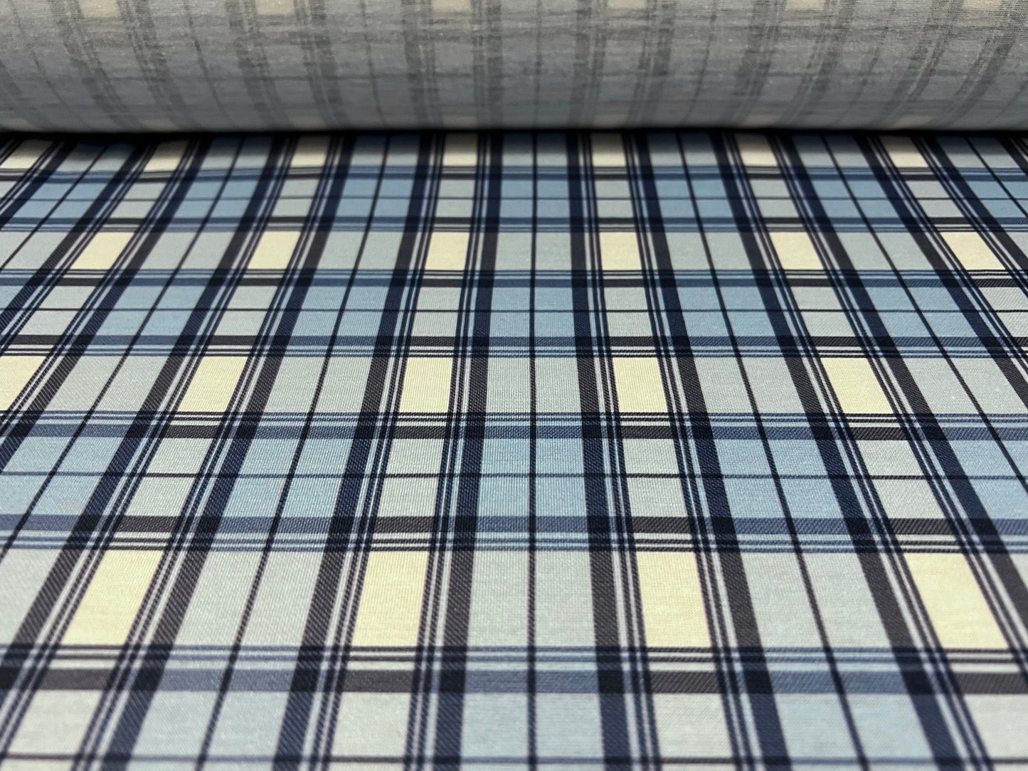 Soft handle single jersey fabric, per metre - tartan check print - blue