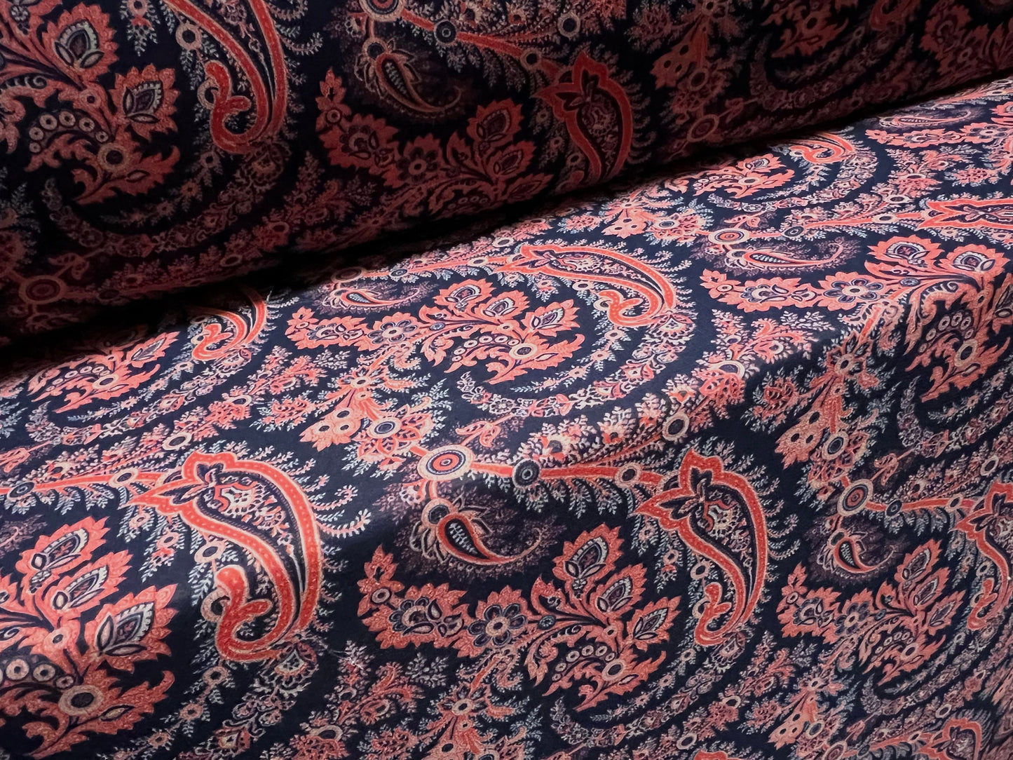 Woven chiffon dress blouse fabric, per metre - paisley print - navy blue & coral