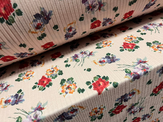 Spandex stretch rib jersey fabric, per metre - small flower print - nude