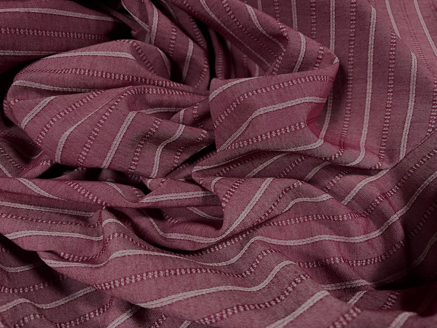Woven stretch spandex raised pinstripe in a stripe fabric, per metre - wine