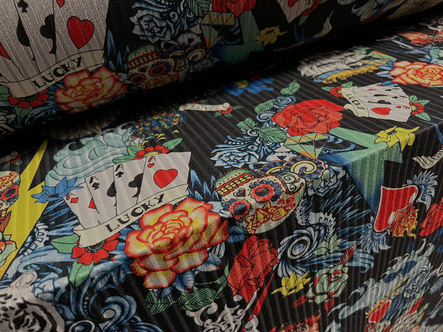 Recycled Spandex rib stretch jersey fabric, per metre - skulls & poker tattoo print