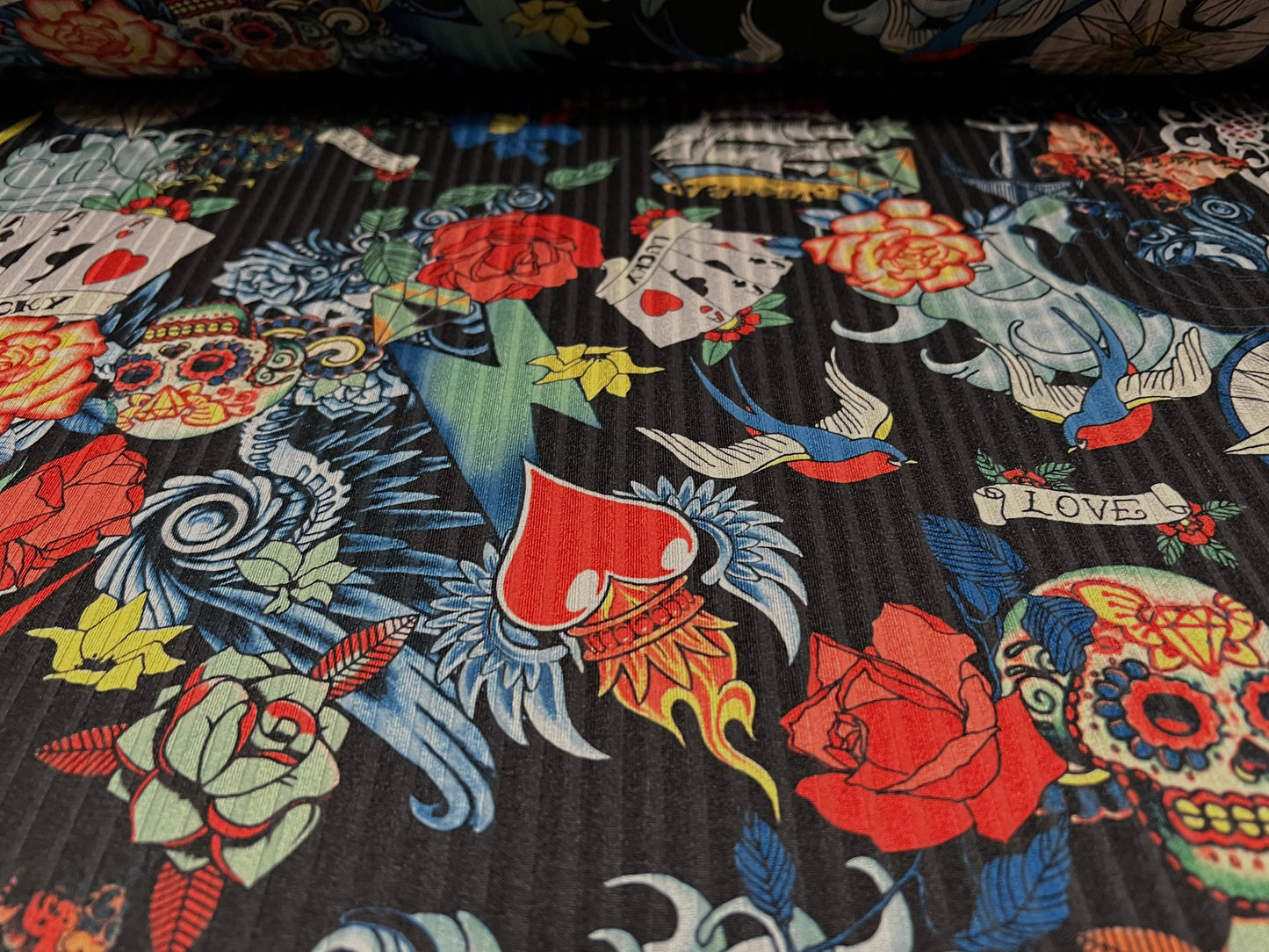 Recycled Spandex rib stretch jersey fabric, per metre - skulls & poker tattoo print