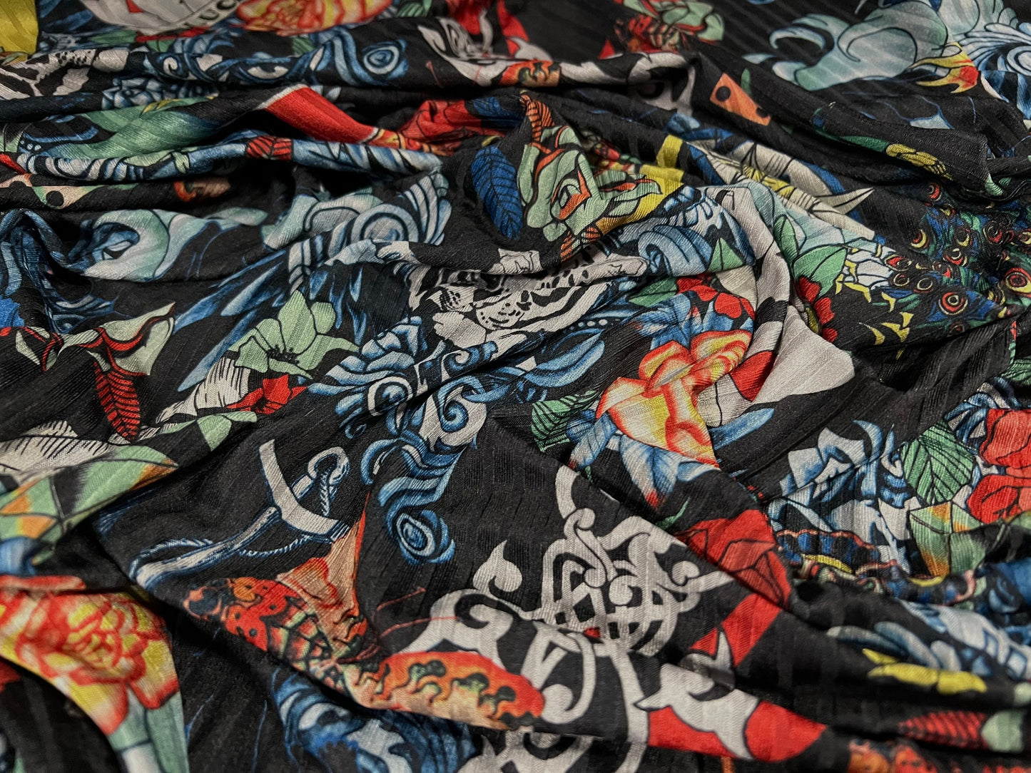 Recycled Spandex rib stretch jersey fabric, per metre - skulls & poker tattoo print