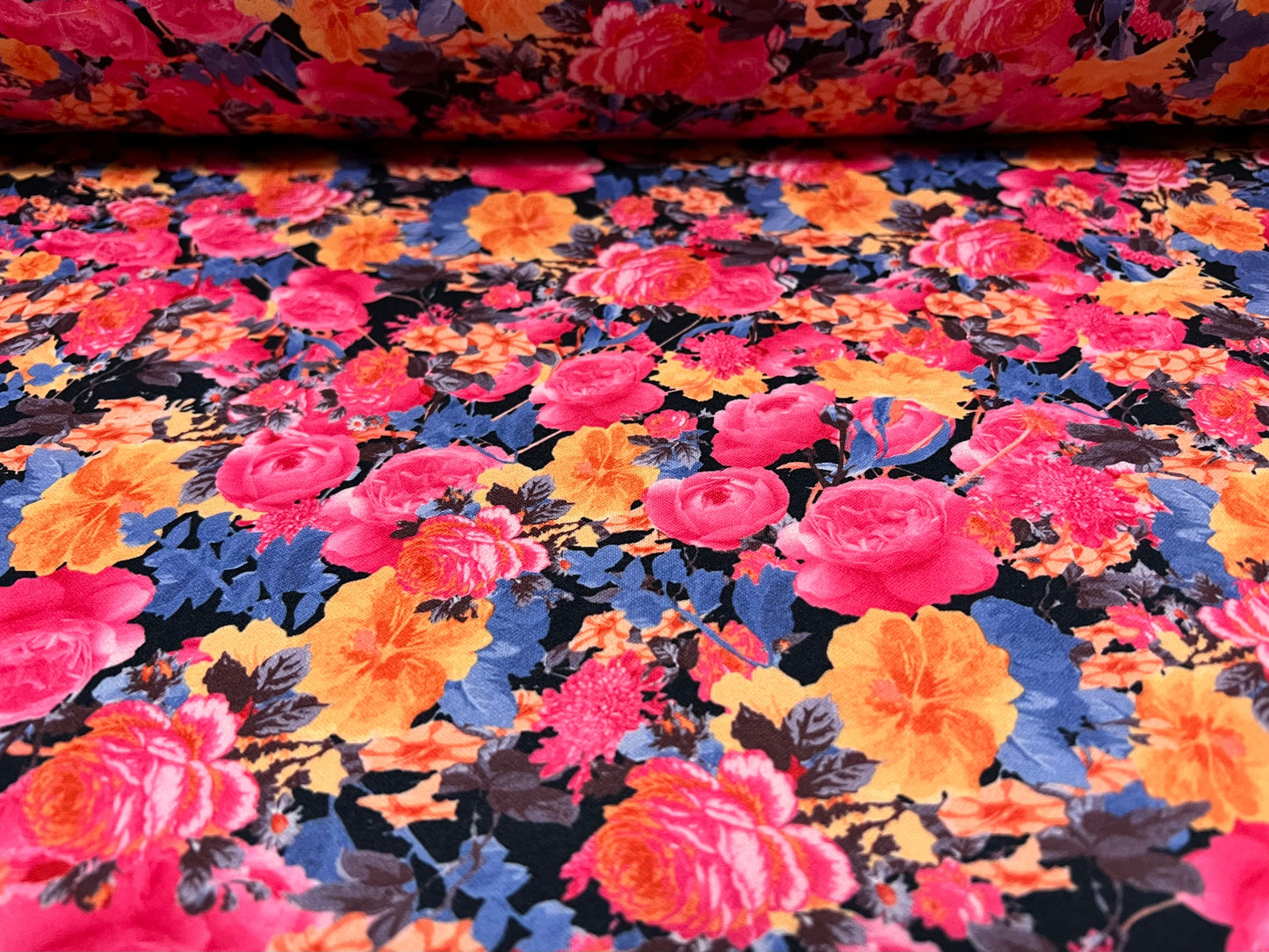 Scuba neoprene style double jersey stretch spandex fabric, per metre - colourful rose flower print - pink blue & orange