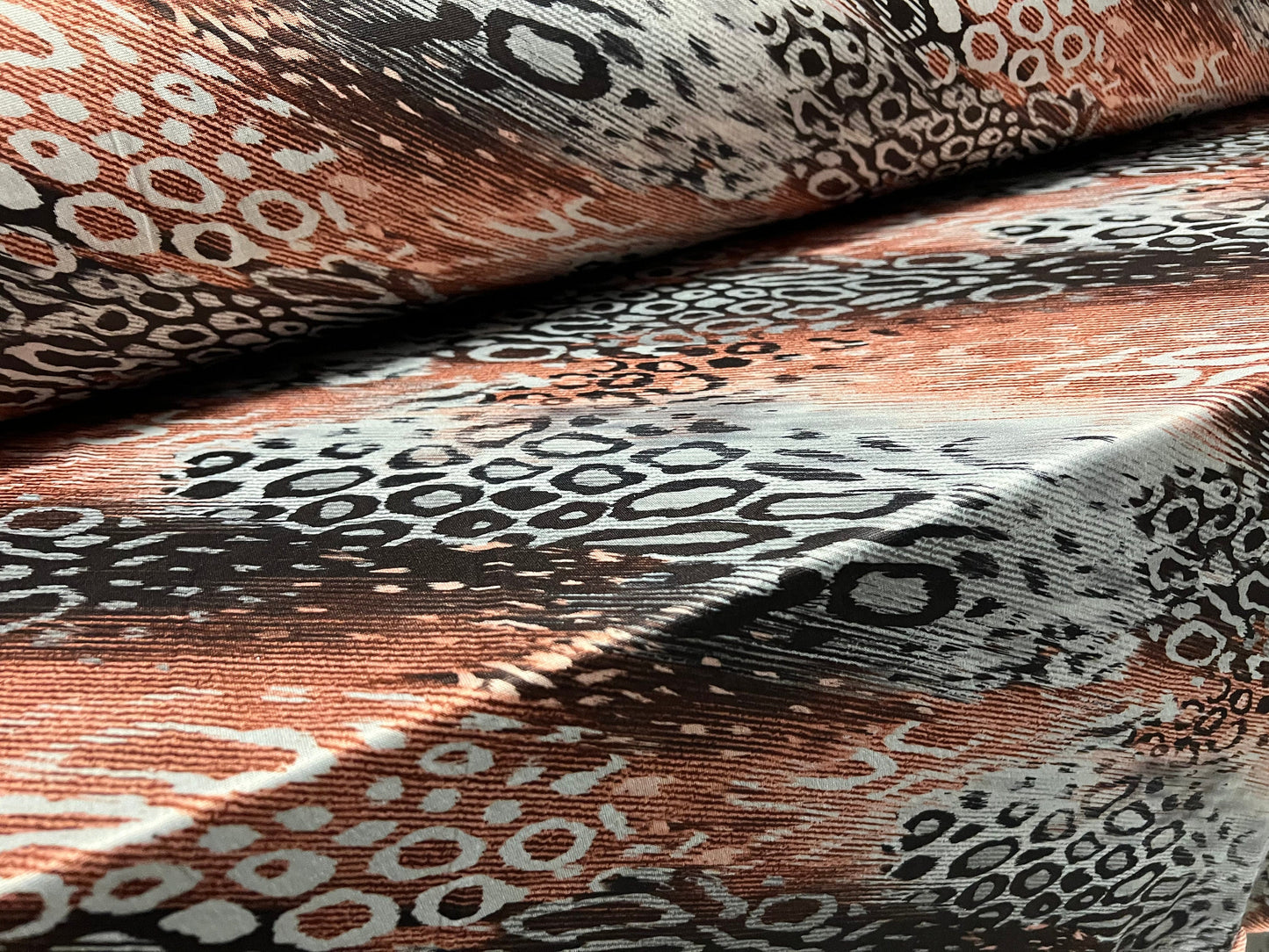 Single jersey fashion fabric, per metre - bias cheetah print - grey & orange