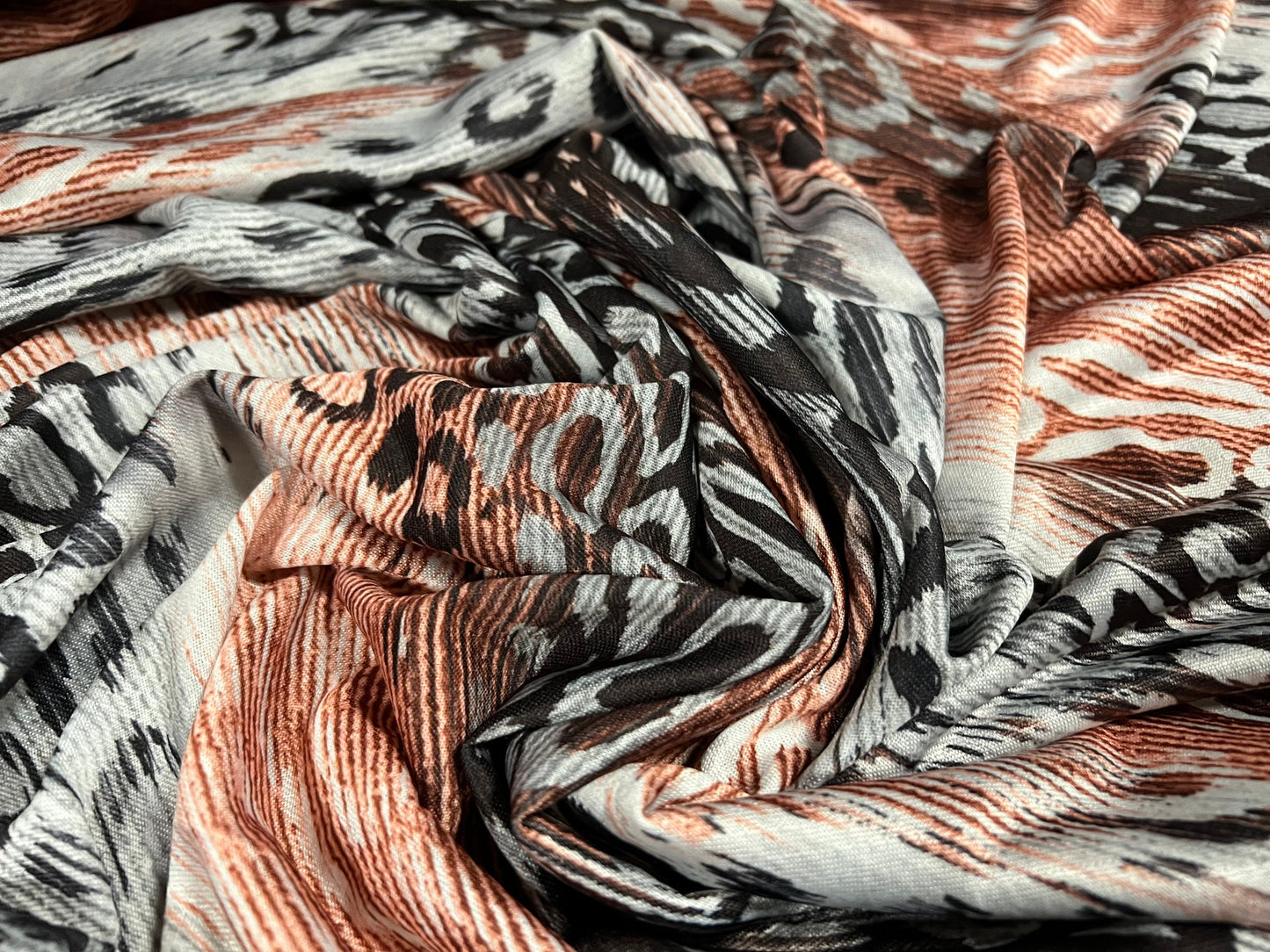 Single jersey fashion fabric, per metre - bias cheetah print - grey & orange