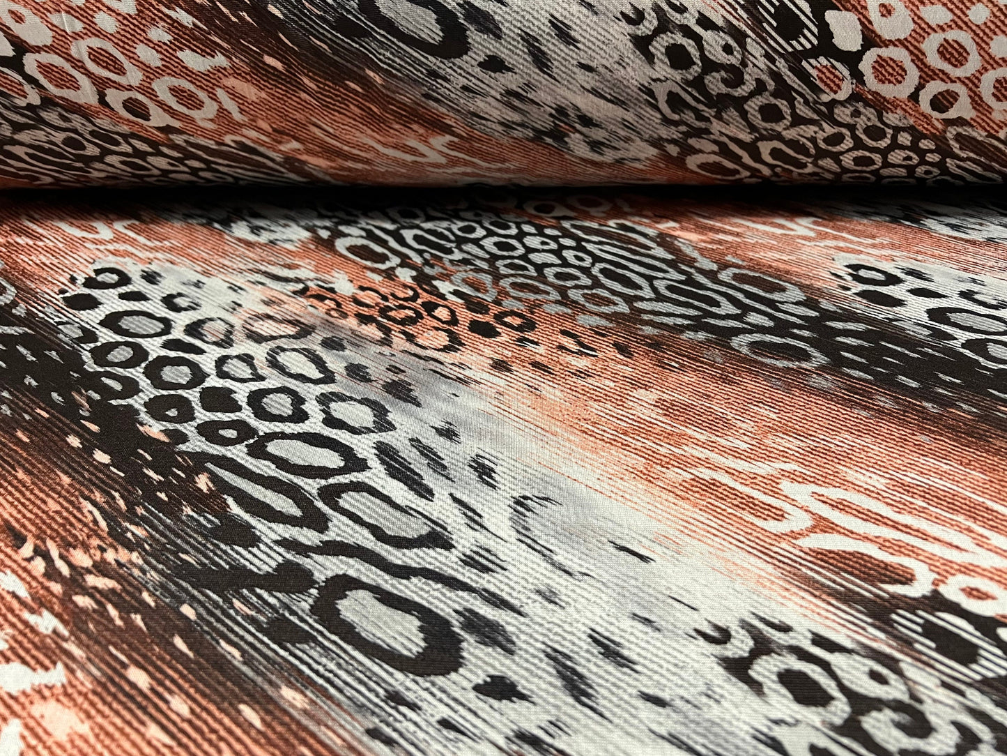 Single jersey fashion fabric, per metre - bias cheetah print - grey & orange