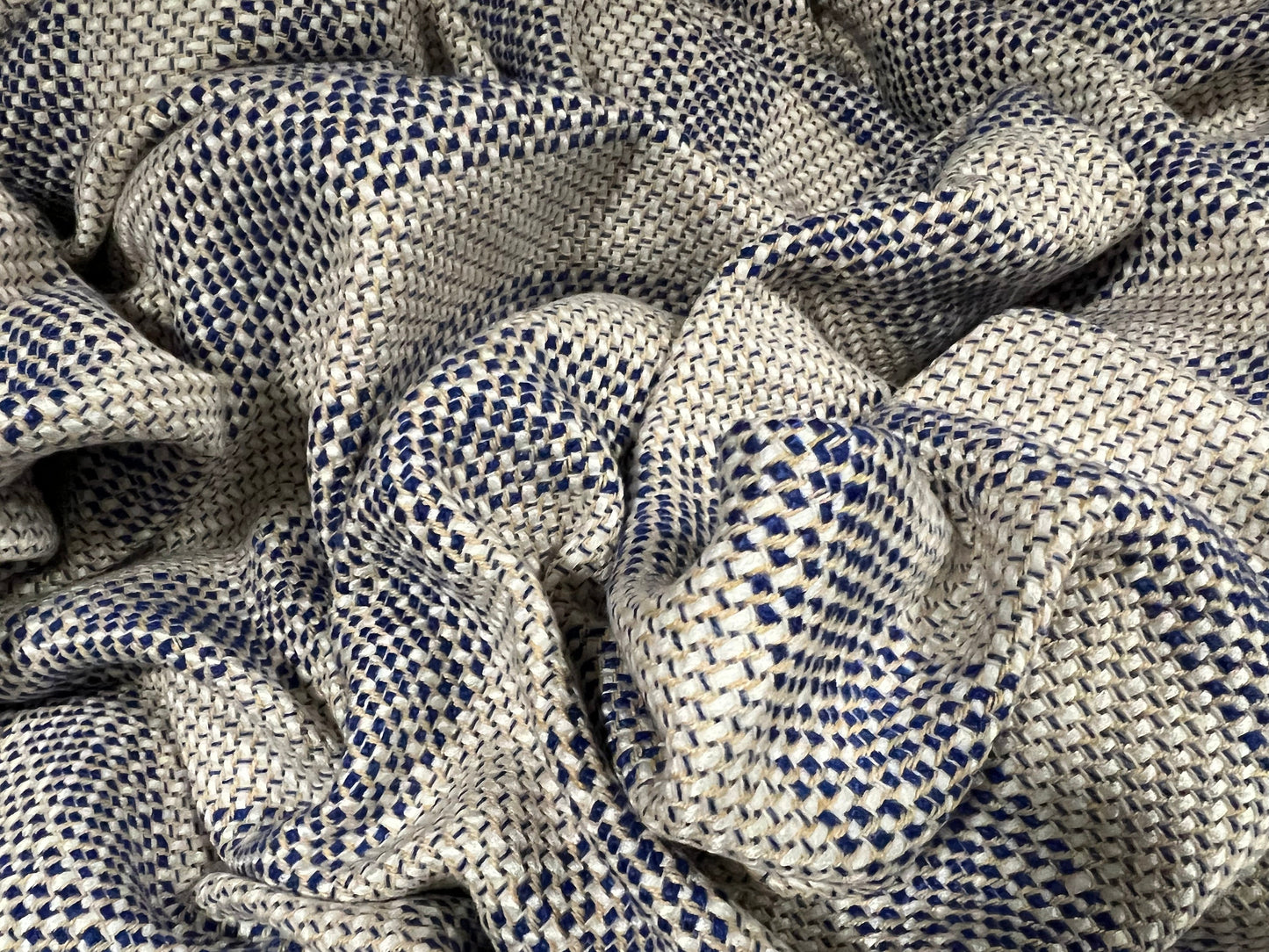 Wool blend tweed jacquard stripe woven fabric, per metre - blue & cream