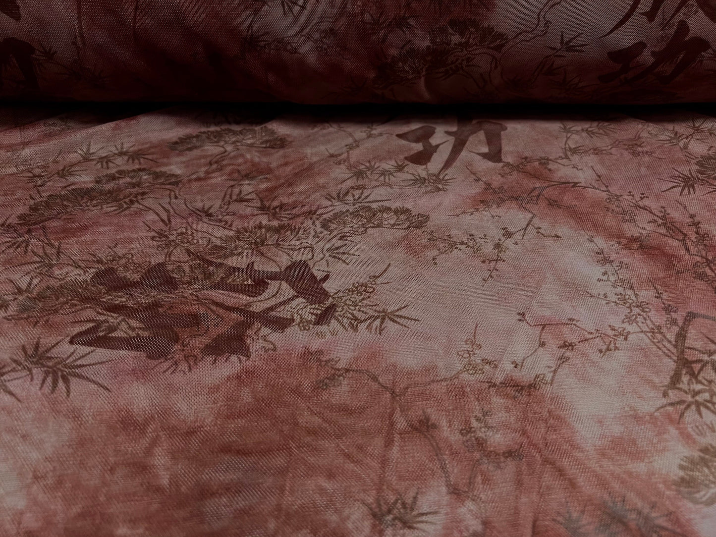 Power mesh net sheer stretch fabric, per metre - japanese bonsai tree and symbols print - dusky pink & maroon
