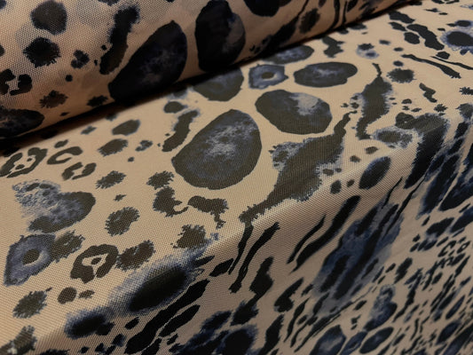 Power mesh net sheer stretch fabric, per metre - stylised cheetah print - nude & blue