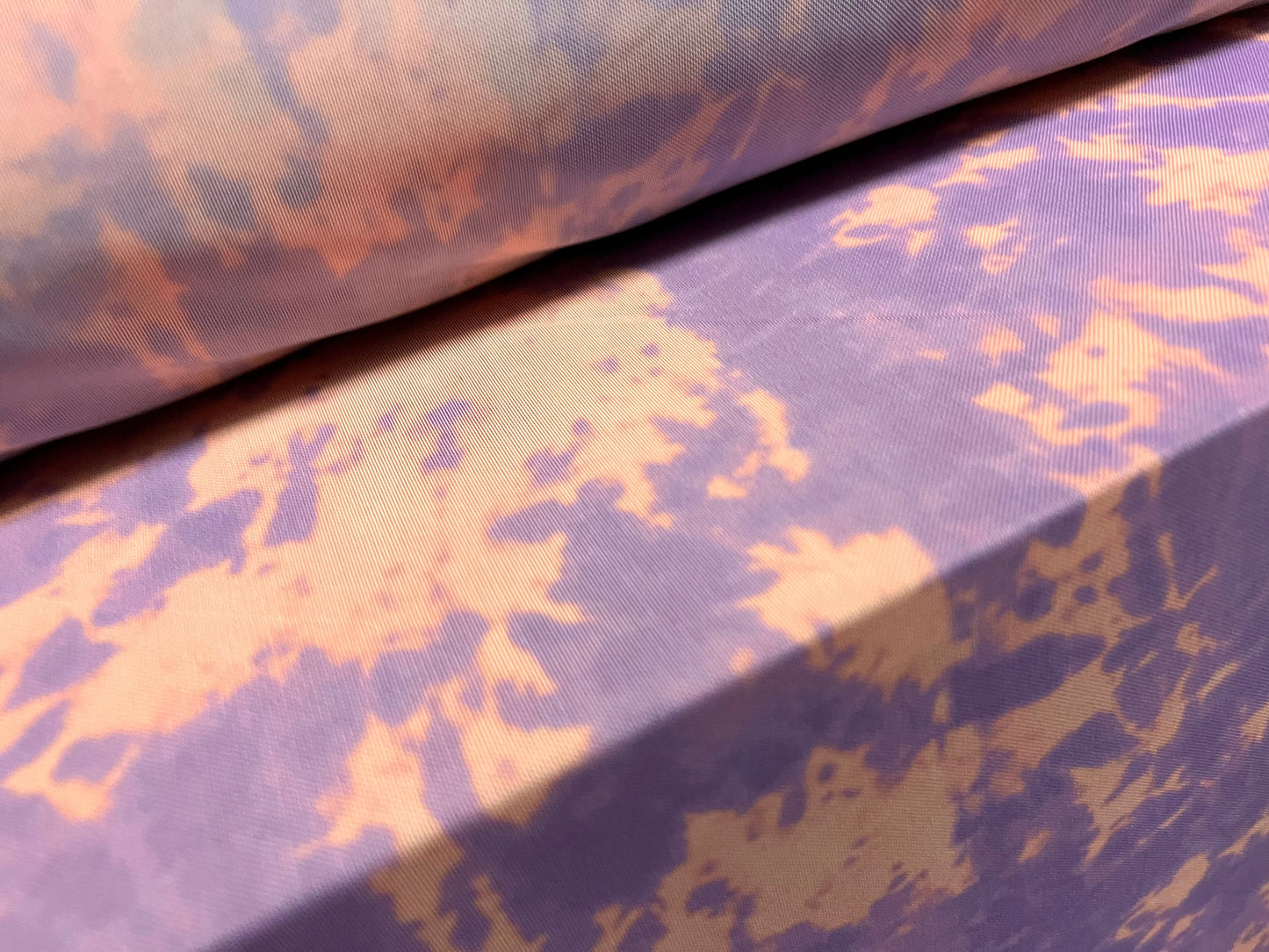 Power mesh net sheer stretch fabric, per metre - tie dye panel print - lavender & peach