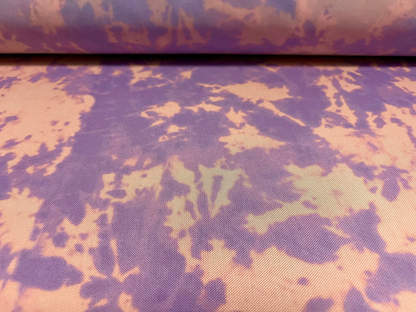 Power mesh net sheer stretch fabric, per metre - tie dye panel print - lavender & peach