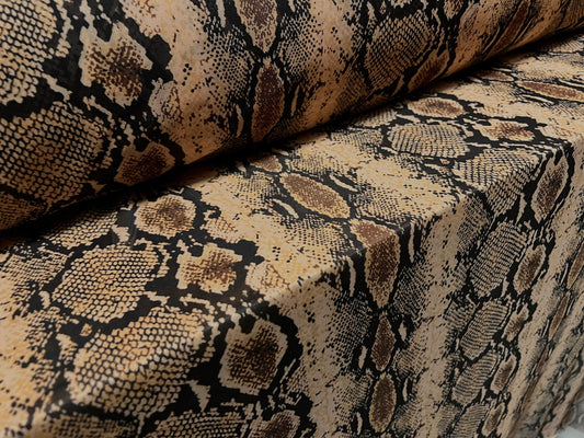 Power mesh net sheer stretch fabric, per metre - snakeskin print - black & bronze