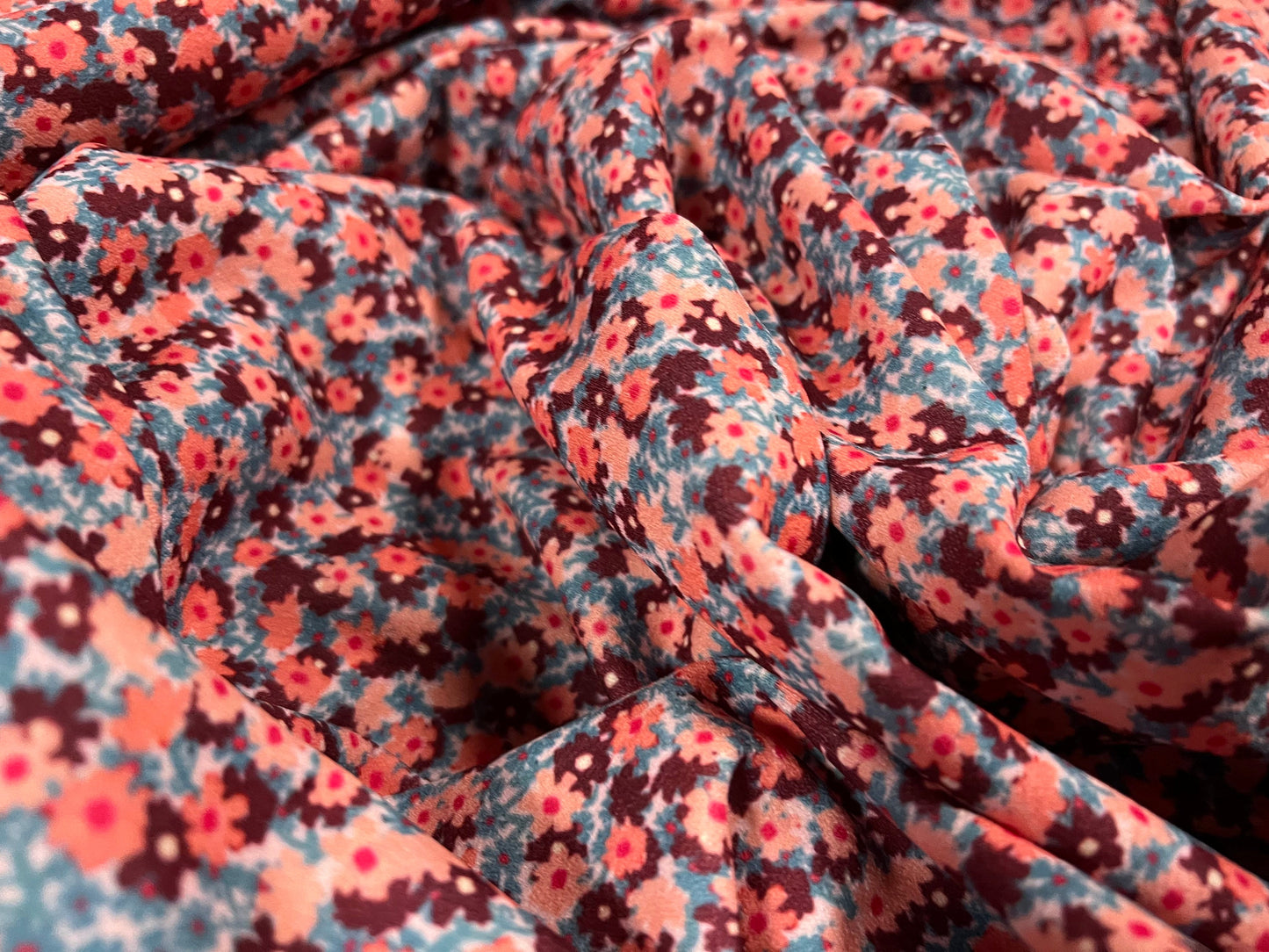 Scuba crepe stretch spandex double jersey fabric, per metre - ditsy flower print - pink burgundy blue