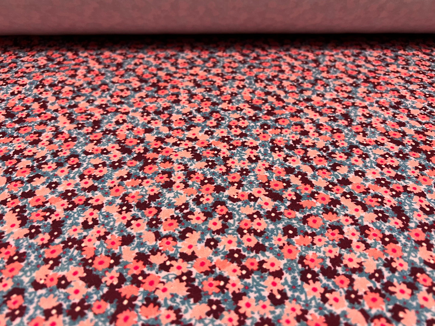 Scuba crepe stretch spandex double jersey fabric, per metre - ditsy flower print - pink burgundy blue