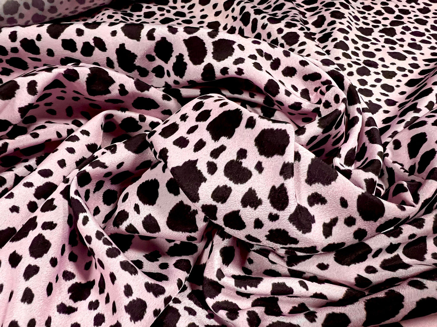 Crepe de chine woven dress fabric, per metre - Dalmatian print - pink & black