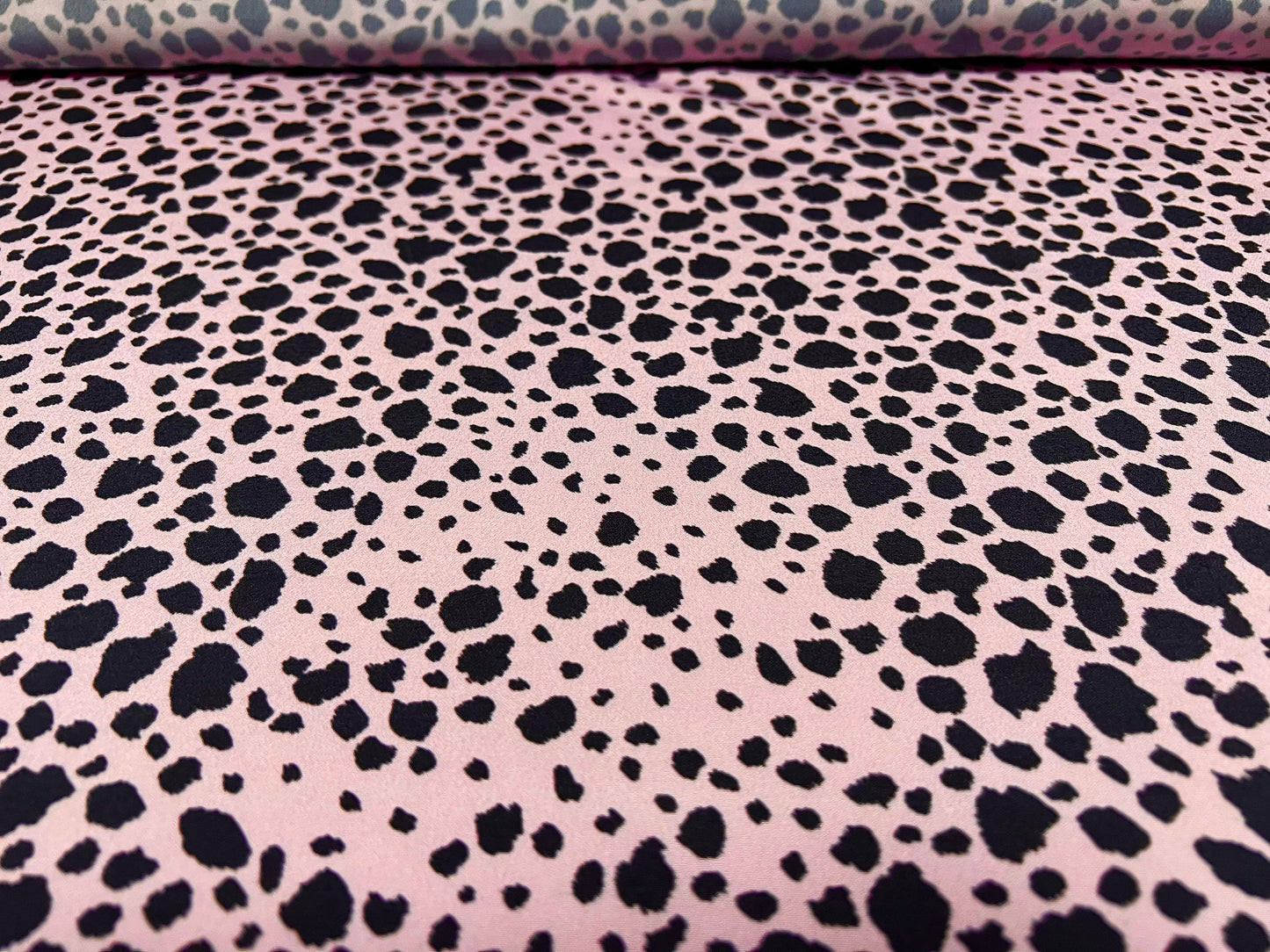 Crepe de chine woven dress fabric, per metre - Dalmatian print - pink & black