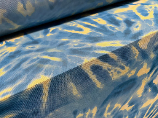 Power mesh net stretch fabric, per metre - tie dye splash print - blue & lemon