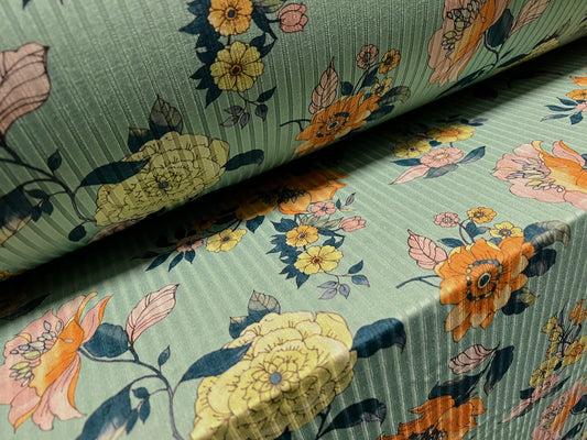 Spandex stretch rib jersey fabric, per metre - flower floral print -  mint green