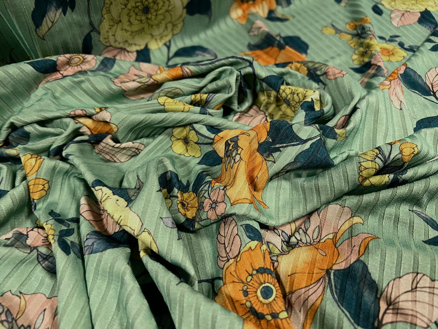 Spandex stretch rib jersey fabric, per metre - flower floral print -  mint green