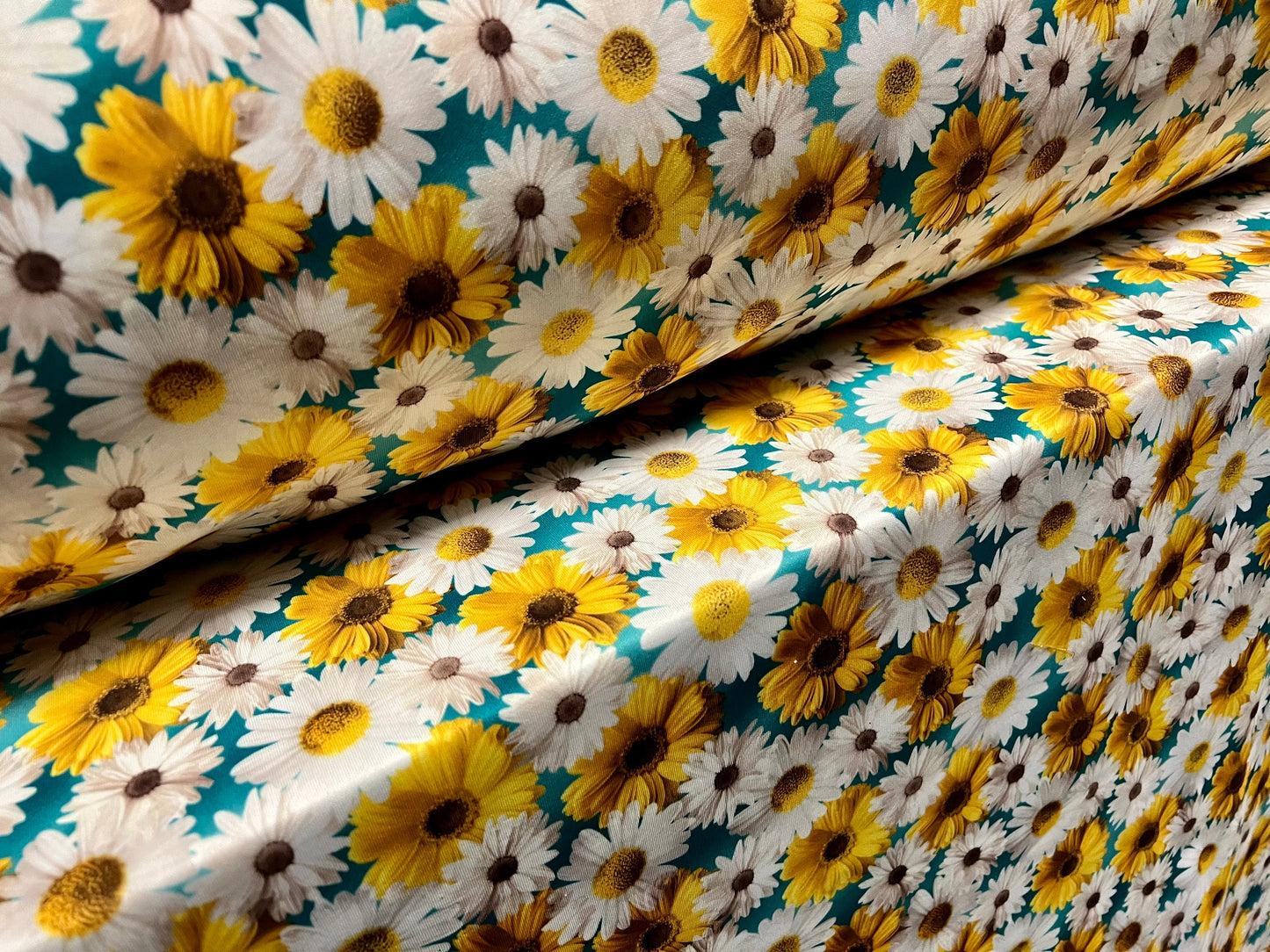 Scuba spandex stretch neoprene style jersey fashion fabric, per metre - Gerbera daisy flower print - turquoise yellow & white