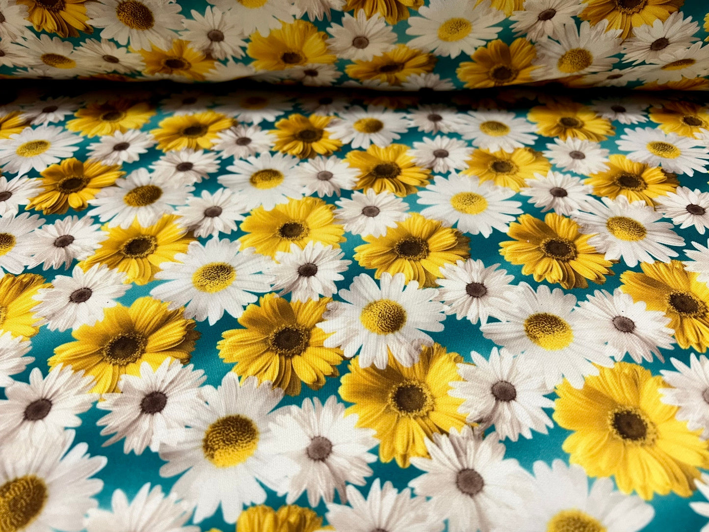 Scuba spandex stretch neoprene style jersey fashion fabric, per metre - Gerbera daisy flower print - turquoise yellow & white