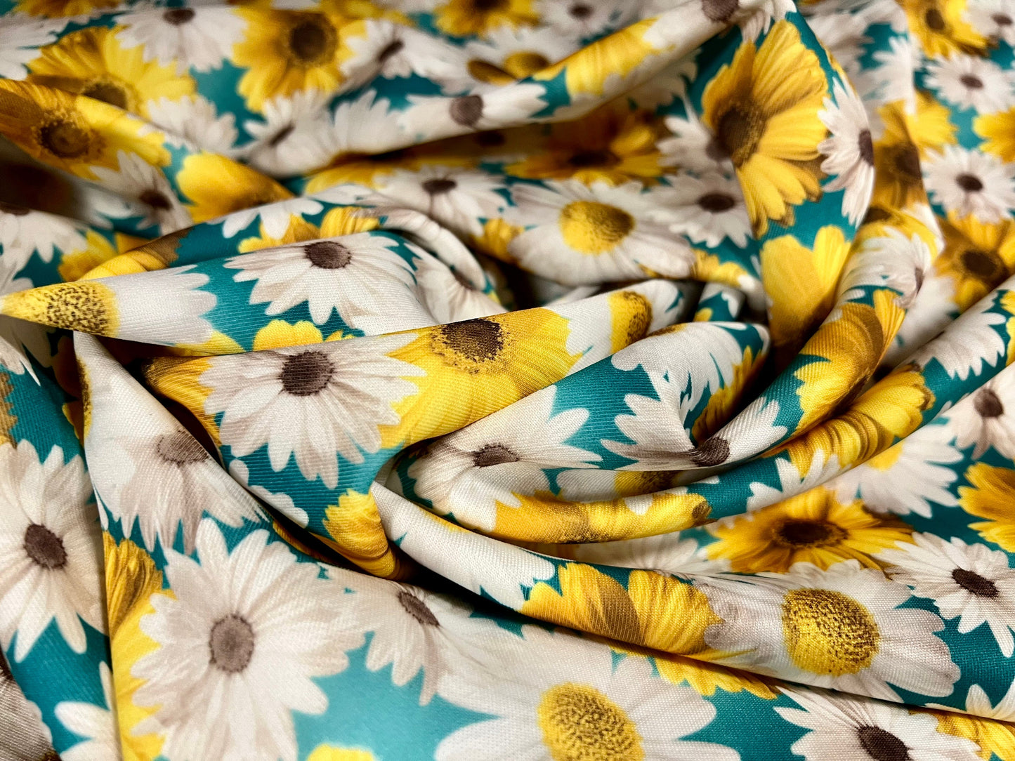 Scuba spandex stretch neoprene style jersey fashion fabric, per metre - Gerbera daisy flower print - turquoise yellow & white