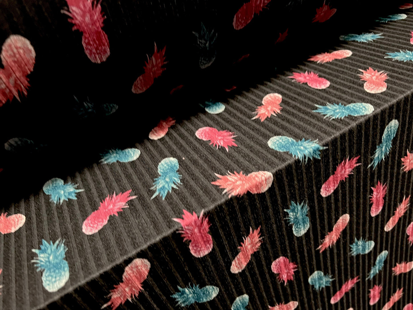 Recycled Spandex rib stretch jersey fabric, per metre - pineapple fruit print - black turquoise & pink