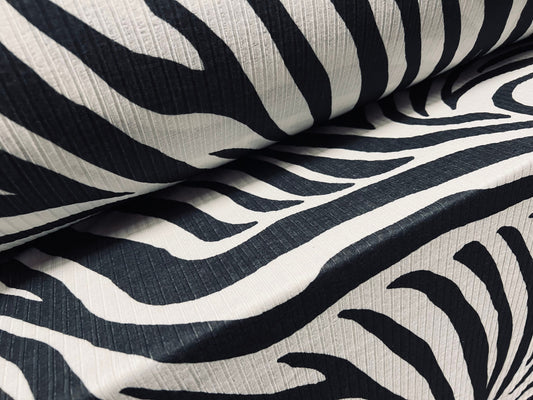 Spandex stretch rib jersey fabric, per metre - zebra animal print - black & white