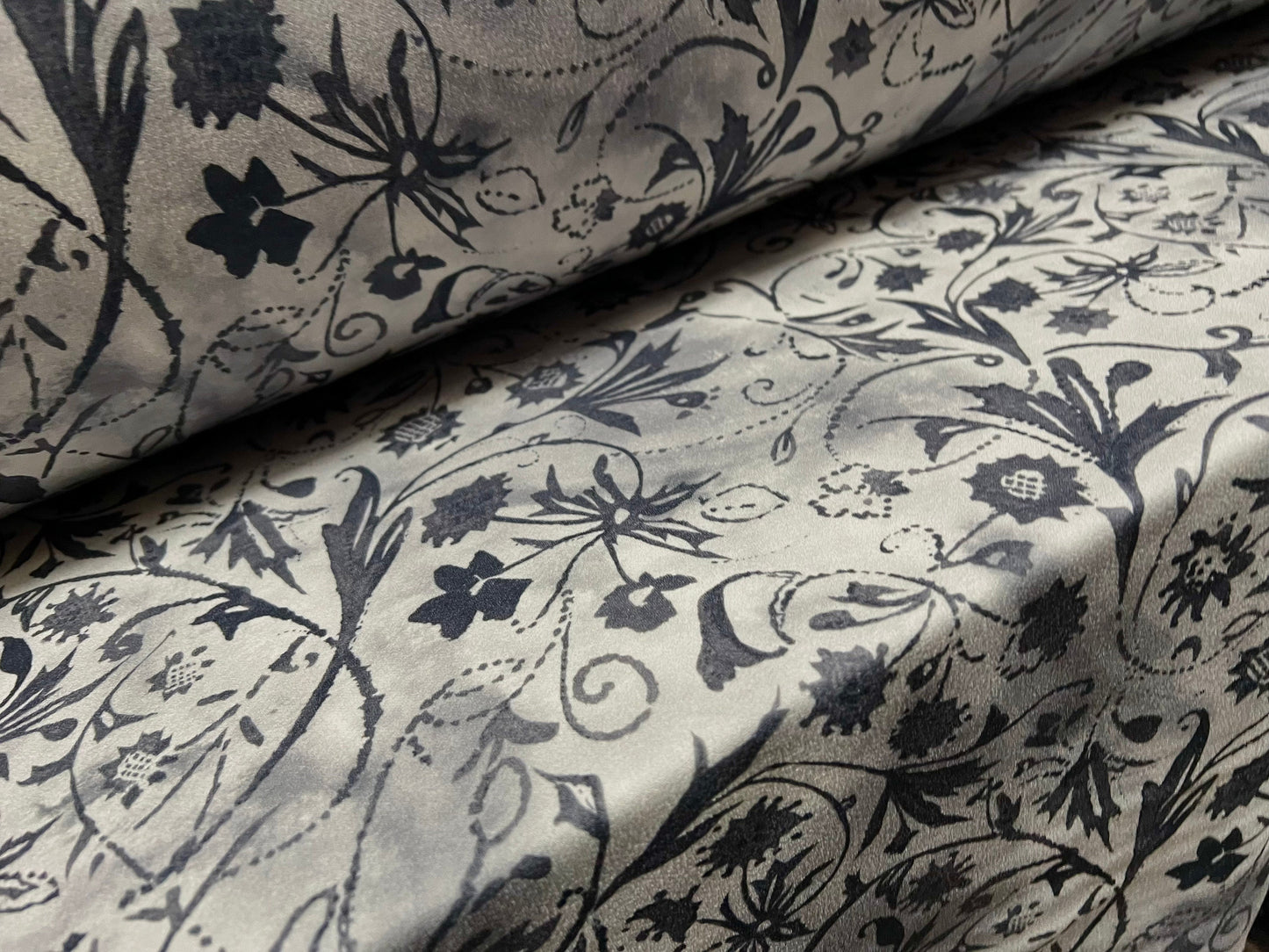 Scuba crepe fabric stretch spandex jersey, per metre - flower print - grey on grey