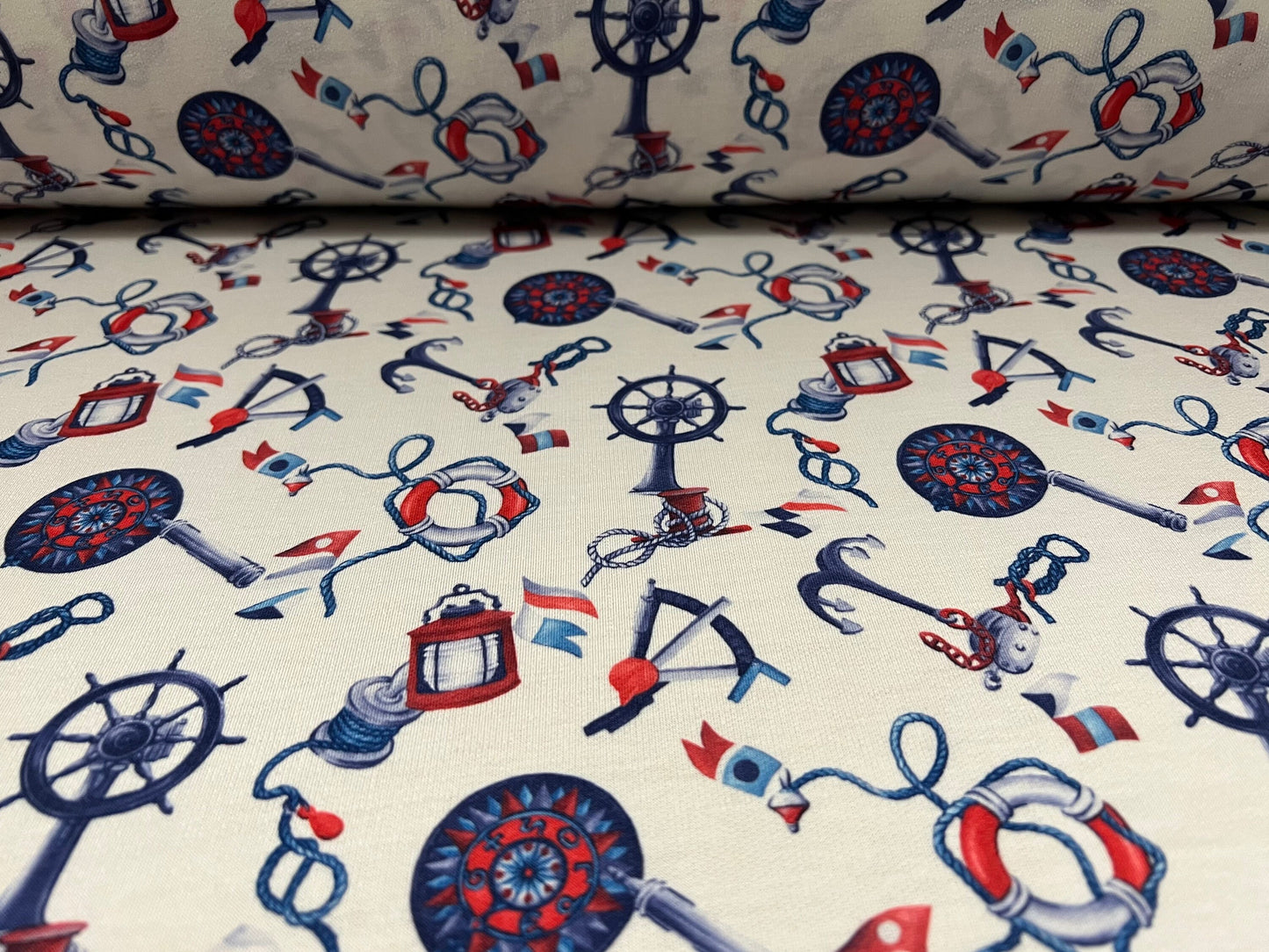 Soft handle loopback stretch spandex jersey fabric, per metre - nautical anchor tattoo print