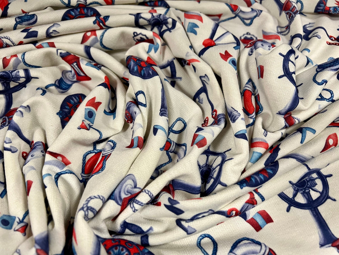 Soft handle loopback stretch spandex jersey fabric, per metre - nautical anchor tattoo print