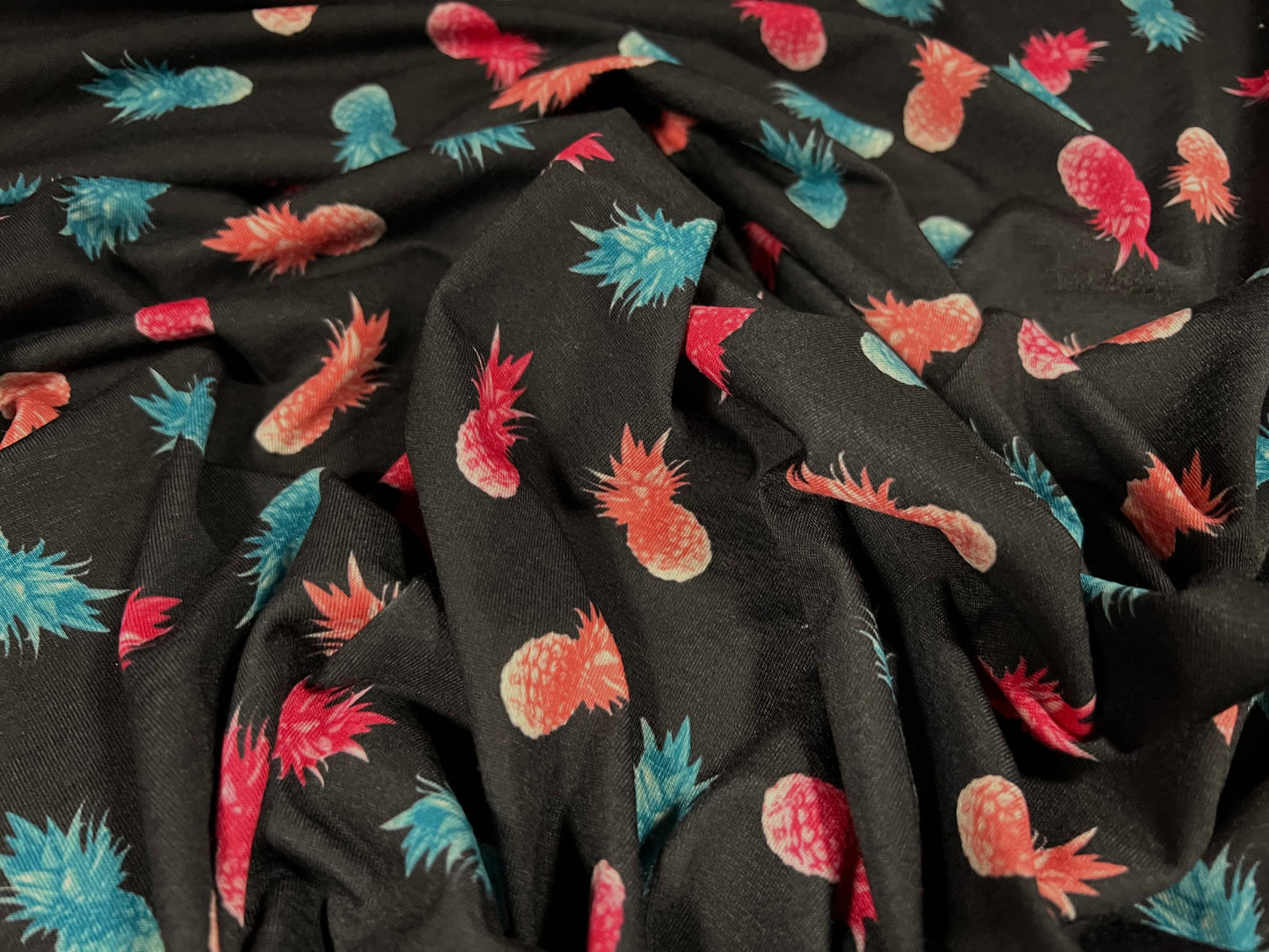 Soft handle single jersey fabric, per metre - pineapple fruit print - black turquoise & pink