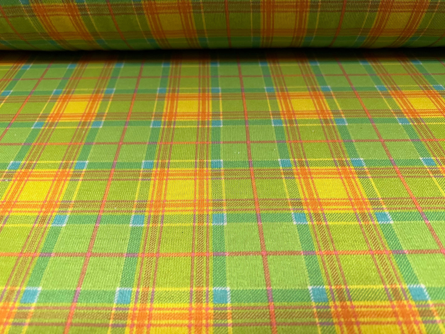 Soft single jersey fabric, per metre - tartan check print - green & Orange