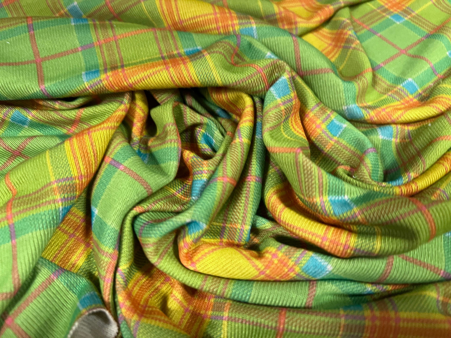 Soft single jersey fabric, per metre - tartan check print - green & Orange