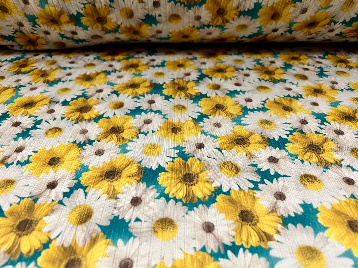 Spandex stretch rib jersey fabric, per metre - Gerbera daisy flower print - turquoise yellow & white