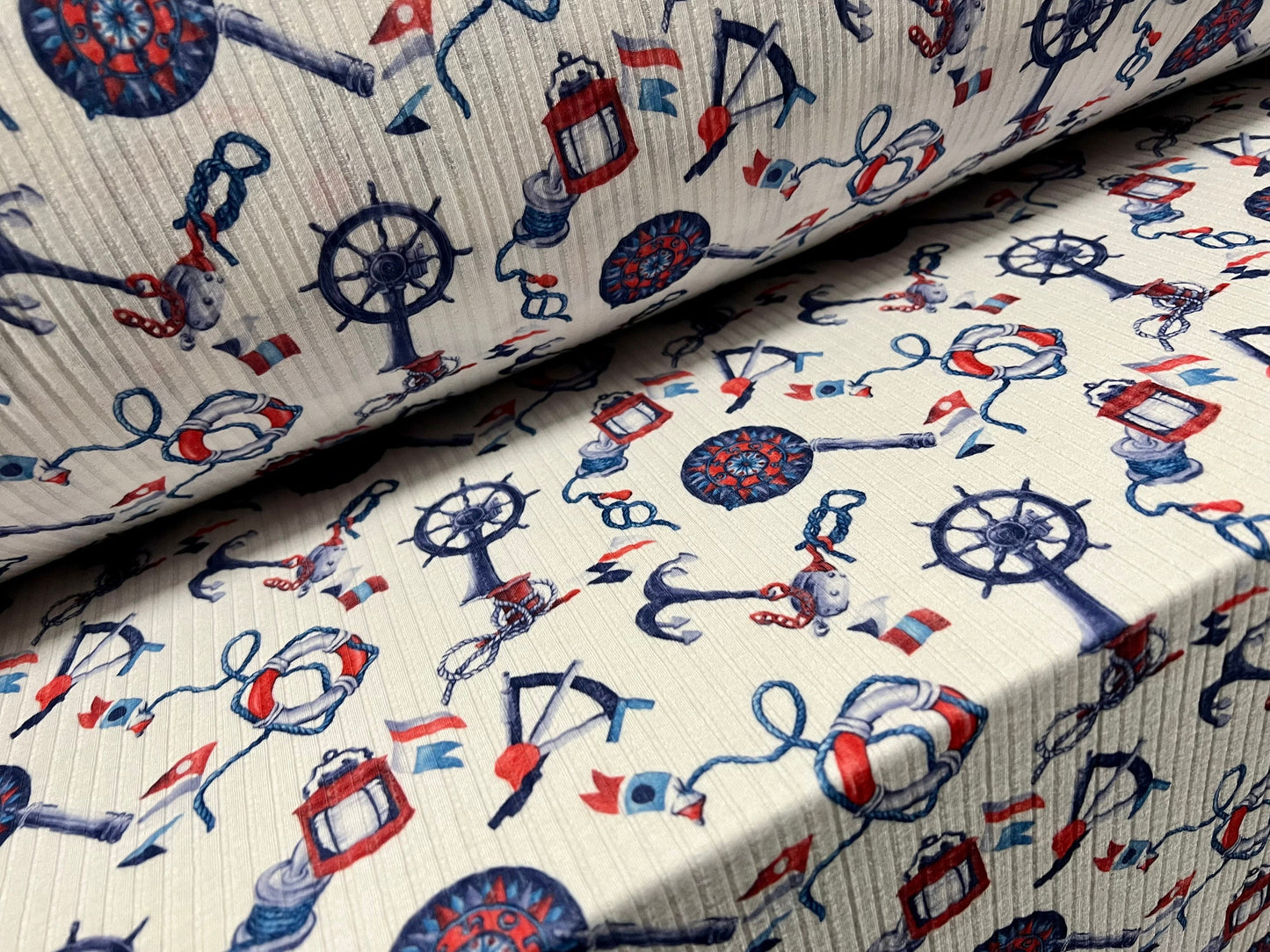 Spandex stretch rib jersey fabric, per metre - nautical anchor tattoo print