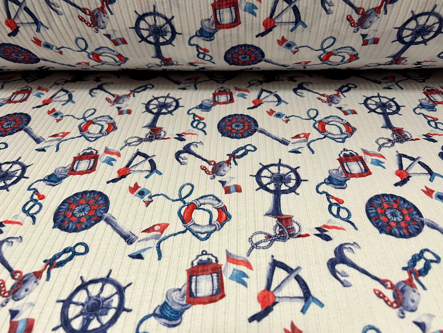 Spandex stretch rib jersey fabric, per metre - nautical anchor tattoo print