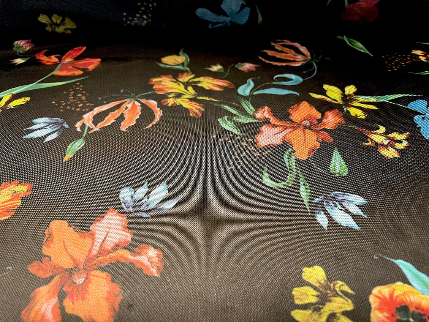 Power mesh net stretch fabric, per metre - tropical jungle flower print - black