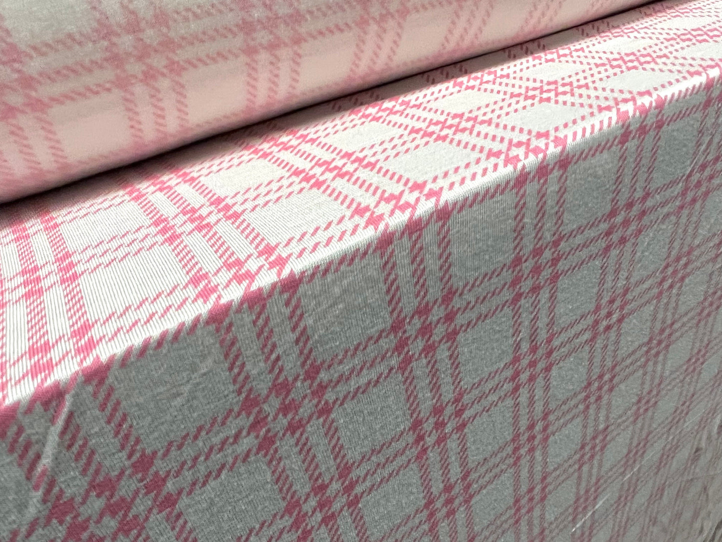 Viscose spandex stretch single jersey fabric, per metre - check plaid tartan print - pink & ivory