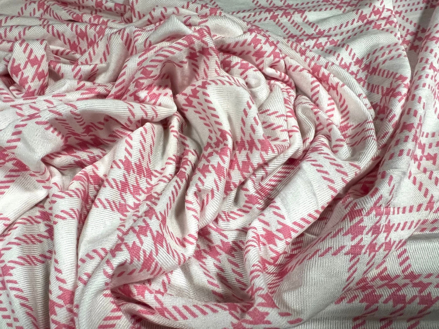 Viscose spandex stretch single jersey fabric, per metre - check plaid tartan print - pink & ivory