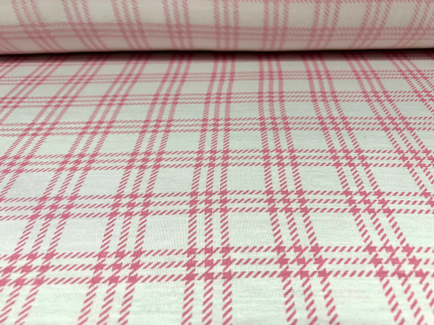 Viscose spandex stretch single jersey fabric, per metre - check plaid tartan print - pink & ivory