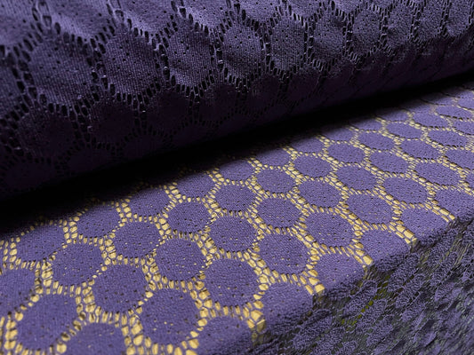 Crochet lace knit jersey fabric, per metre - circular geometric design - purple